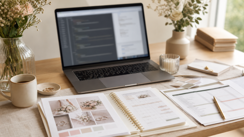 Codex pomaga przygotować produkt cyfrowy wedding planner z laptopem, arkuszem i materiałami do druku