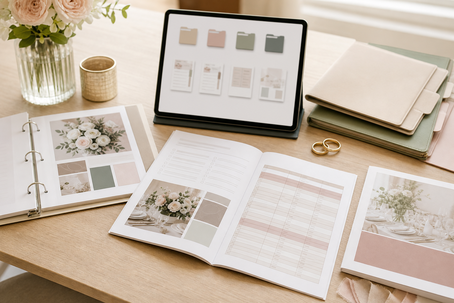 Gotowy pakiet produktu cyfrowego wedding planner z workbookiem, arkuszem, binderem i materiałami sprzedażowymi
