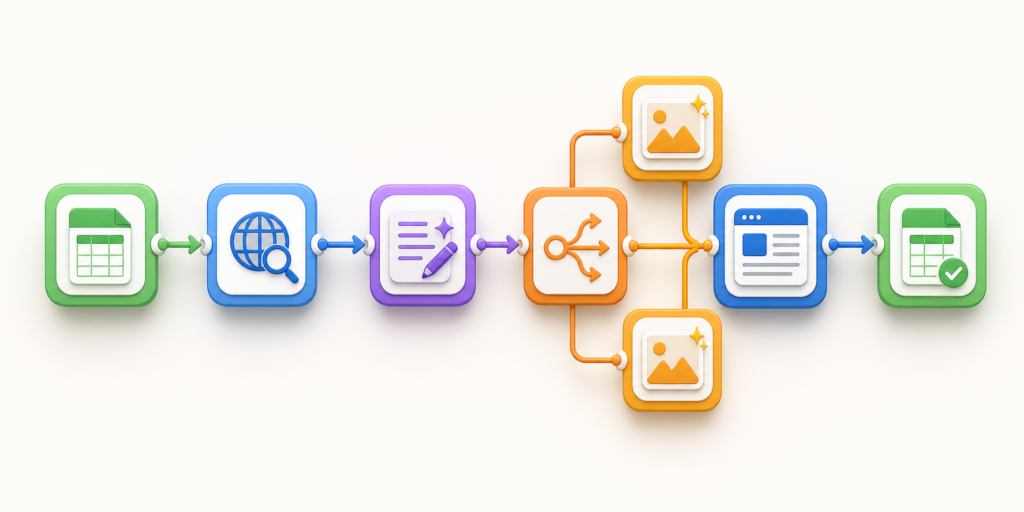 Flow modułów Make: Google Sheets, research, AI, obrazy i WordPress