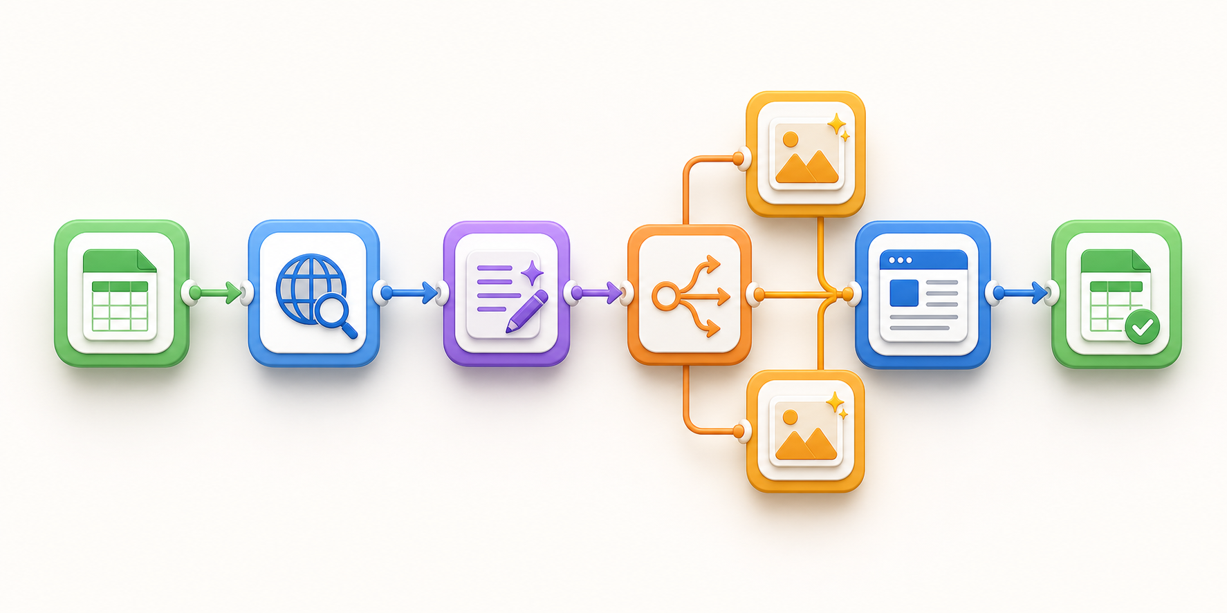 Flow modułów Make: Google Sheets, research, AI, obrazy i WordPress