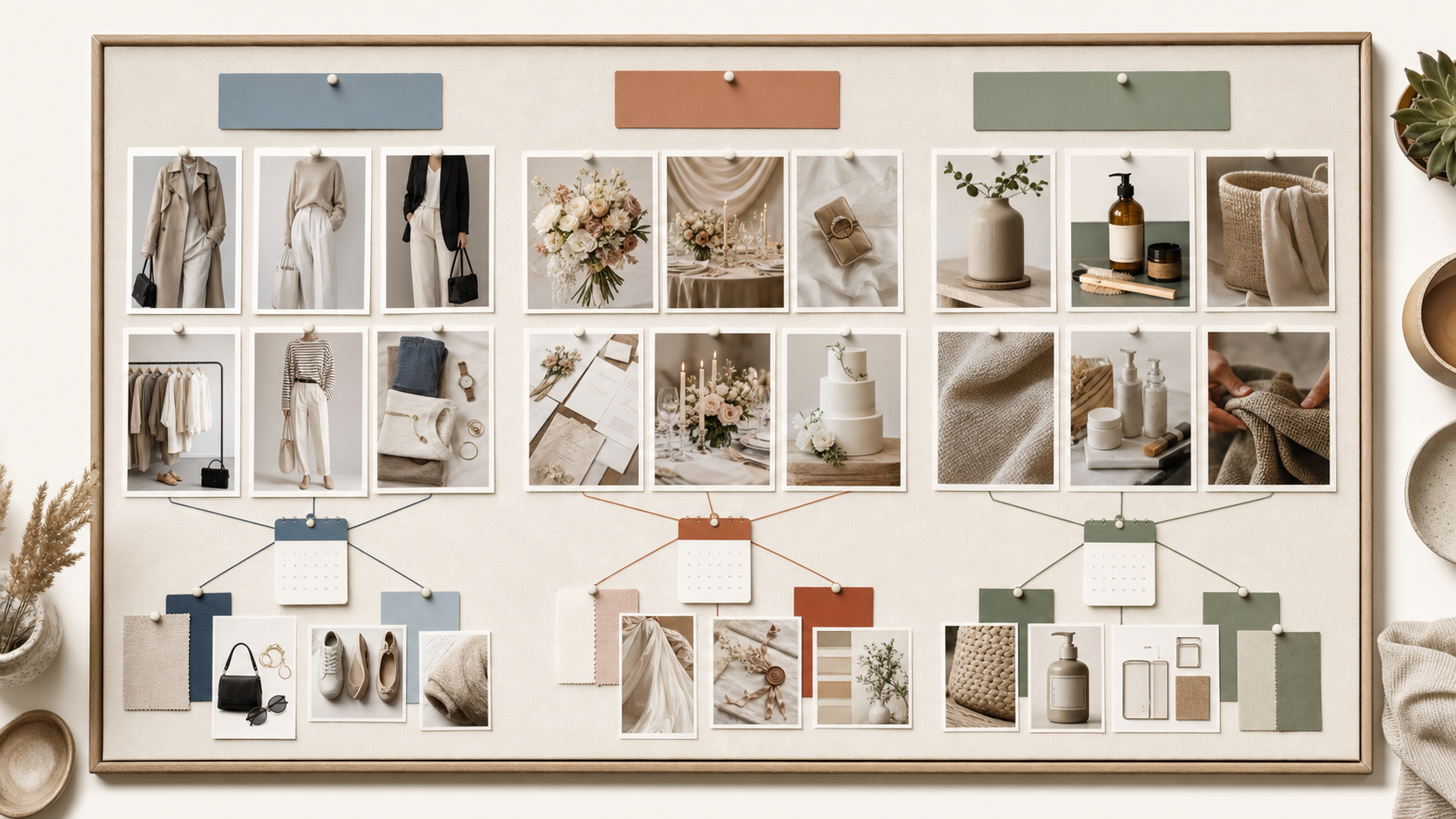 Trzy spójne klastry tablic Pinterest: moda, ślub i produkty do domu
