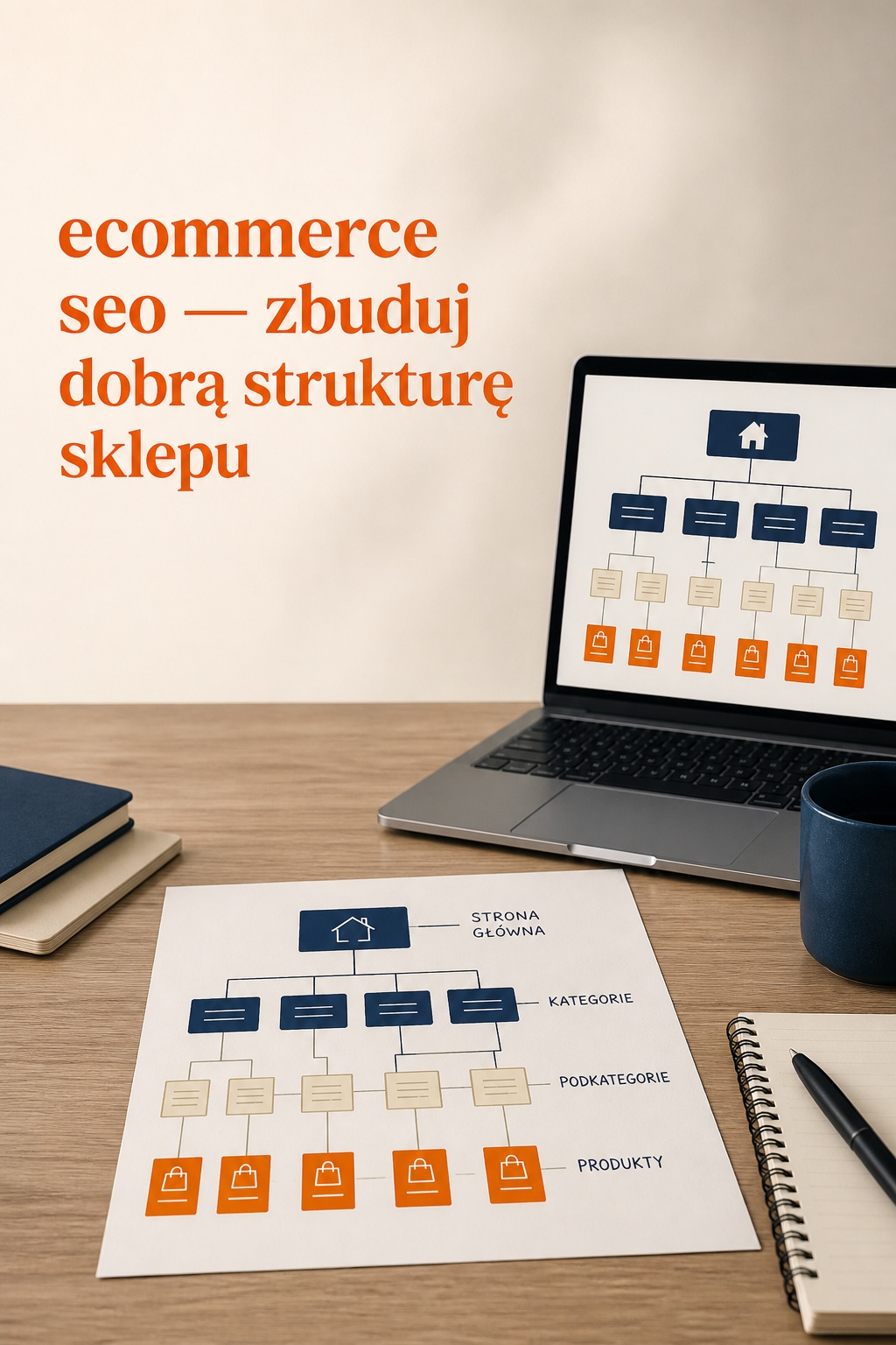 Ecommerce SEO — struktura sklepu Ecommerce SEO i mapa kategorii sklepu internetowego na laptopie