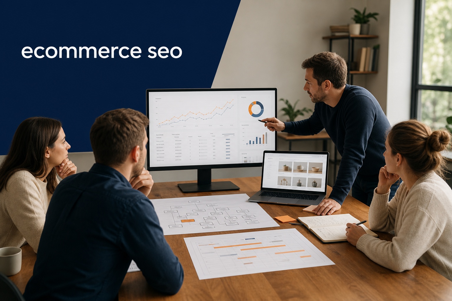 Ecommerce SEO i zespół planujący widoczność oraz sprzedaż sklepu internetowego